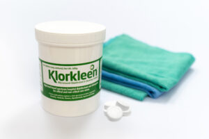 A tub of Klorkleen disinfection and cleaning tablets